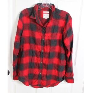 American Eagle Outfitters‎ Womens Flannel Shirt Boyfriend Fit Red Gray Plaid